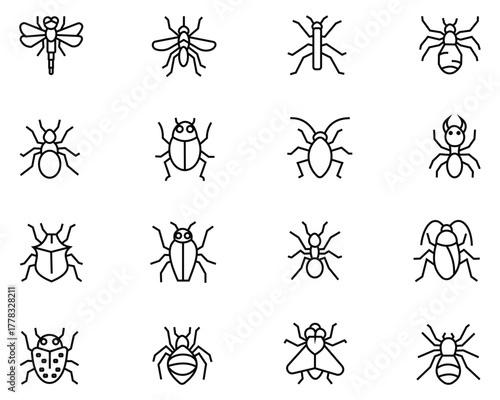 Aphid and Garden Pest Icon Set – Vector Outline and Cartoon Insects for Plants, Gardening, and Nature Illustration