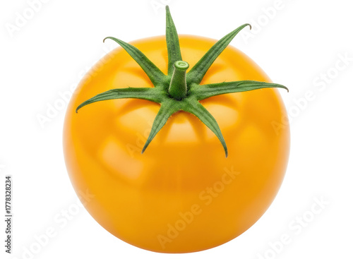 Vibrant yellow tomato with green stem and sepals, fresh and ripe produce