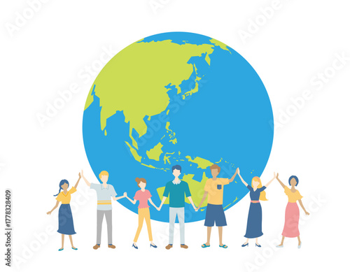 地球と手を繋ぐグローバルな世界の人たち