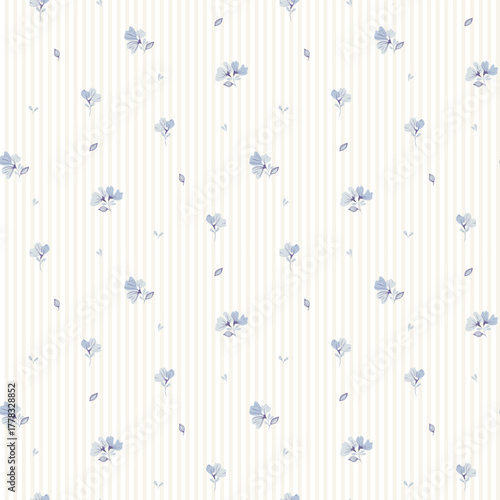 Hand drawn flower pattern, floral seamless pattern, cottagecore ditsy tile print, gentle flower print on stripe background. Small flower style, tiny design for fashion, texture, fabric, wallpaper