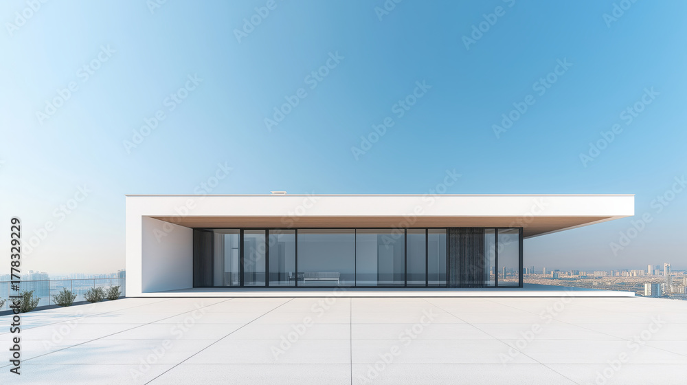 Fototapeta premium Modern cottage building showcases sleek architecture against a clear blue sky in an urban district