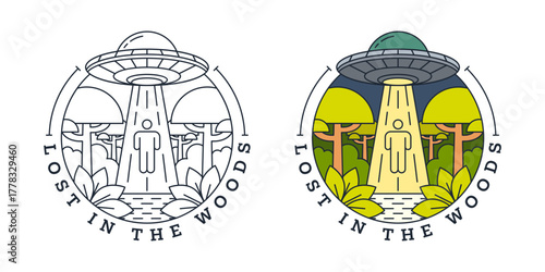 Monoline style T Shirt with minimalist ufo design lost in woods. Suitable for sci fi fans seeking clean and unique apparel.