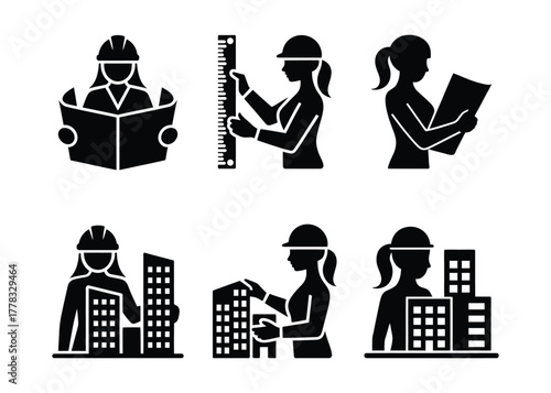 Female architects, engineers, builders working icons