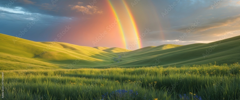 Obraz premium Vibrant Rainbow Arcing Over Lush Green Hills Under a Colorful Sky at Sunset
