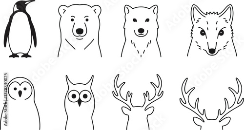 Cute Line Art Animals: Penguin, Bear, Fox, Owls, Deer
