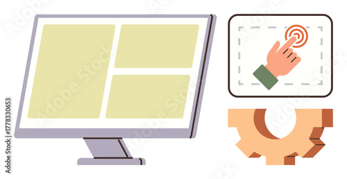 Monitor displaying layout sections, hand tap gesture implying interaction, gear symbolizing process. Ideal for UI design, technology, automation, navigation, systems interaction innovation. Simple