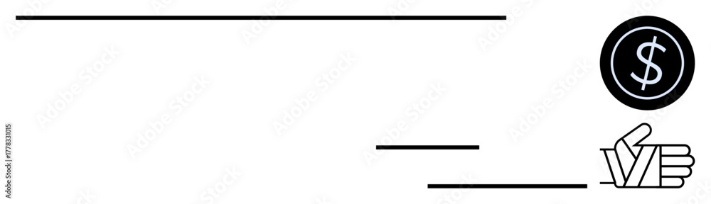 Obraz premium Dollar sign in circular coin, handshake symbolizing agreement, and horizontal lines for movement. Ideal for business, finance, transaction, payment flow, trade money exchange collaboration. Simple