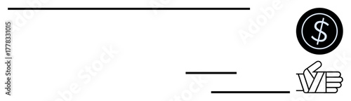 Dollar sign in circular coin, handshake symbolizing agreement, and horizontal lines for movement. Ideal for business, finance, transaction, payment flow, trade money exchange collaboration. Simple