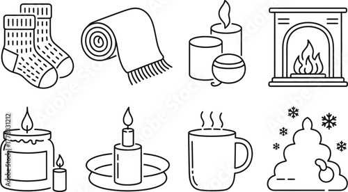 Cozy Winter Icons: Fireplace, Candles, Warmth, and Snow