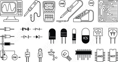 Illustration of electronics components including oscilloscope and circuit board in black and white