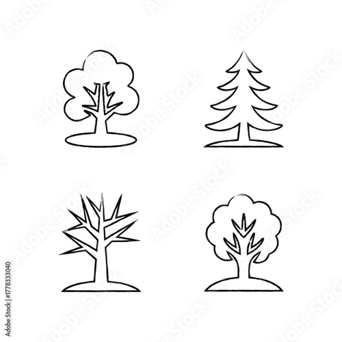 Set of four hand drawn outline tree icons on white