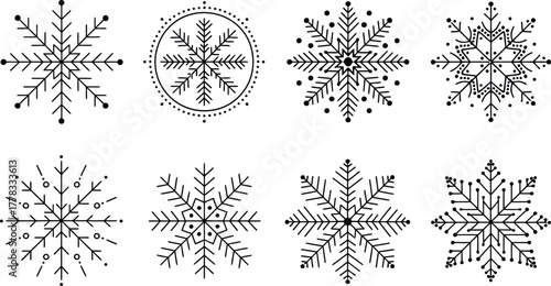 Collection of Eight Unique Black and White Snowflake Illustrations