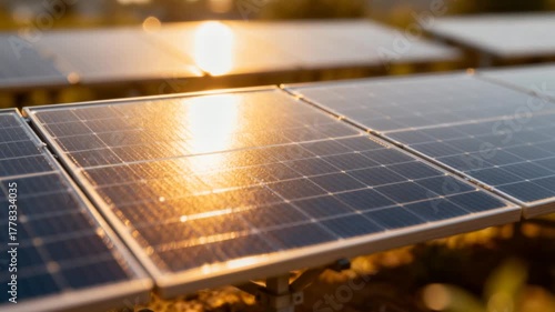 solar panels reflecting sunlight, tilt shift motion, clean energy concept