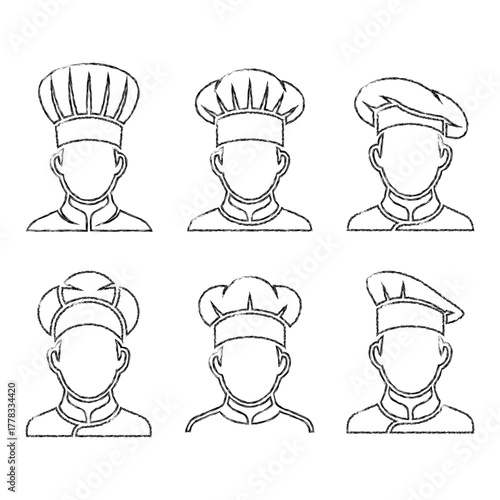 Chef avatars with varied hats, a sketched line art style