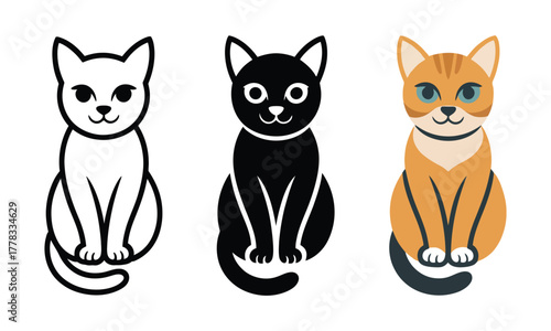 Three stylized sitting cat illustrations and icons set