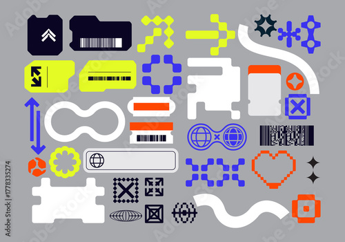 Label vector symbol asset element retro futuristic collection set bundle sticker y2k clip art editable