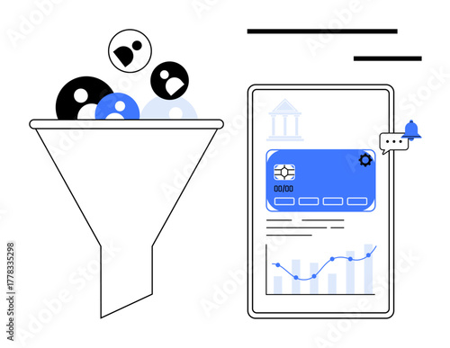 Conversion funnel filtering user data, mobile dashboard with card details, settings gear, and data graphs. Ideal for marketing, analytics, strategy, data management, budgeting optimization digital