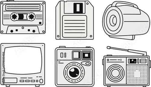 Vintage Technology Icons: Cassette, Floppy Disk, TV, Camera, Radio, Projector