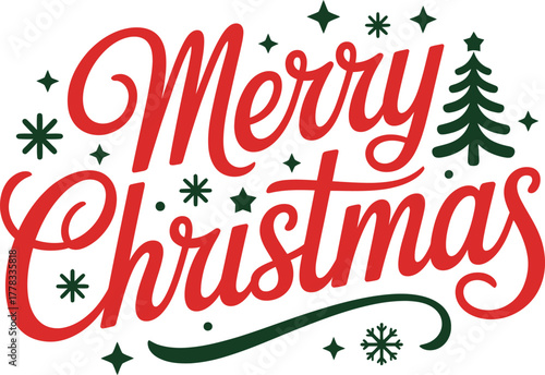 Merry christmas festive lettering with a christmas tree and snowflakes