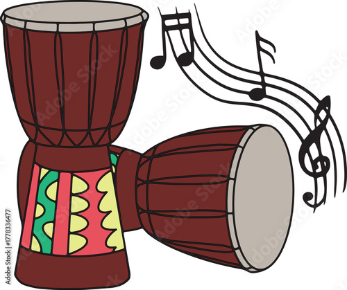 Djembe drum vector illustration - african percussion instrument with music notes