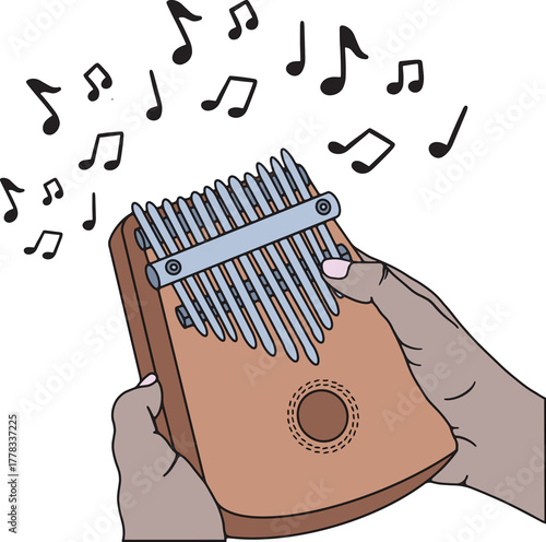 Playing kalimba vector illustration. Hand playing african thumb piano with musical notes