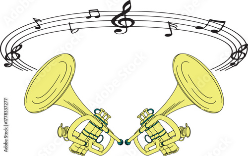 Two Yellow trumpets facing each other with a curved floating music notes