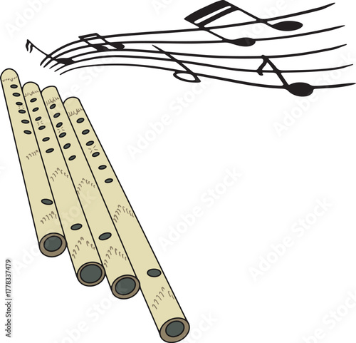 Bamboo flute vector illustration - traditional wooden wind instrument with music notes