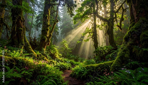 Sunlight streams through a lush, mossy forest