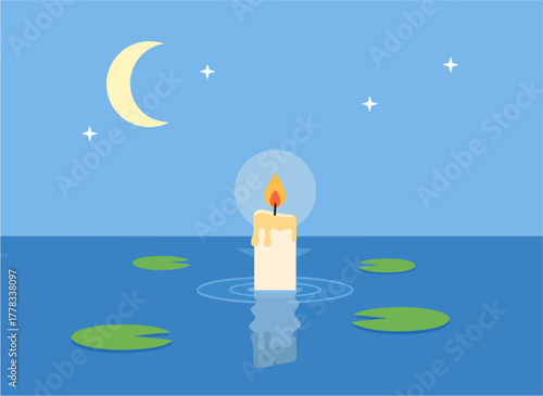 Candlelight Serenity Moonlit Reflection on Water Lilies and Flickering Flame