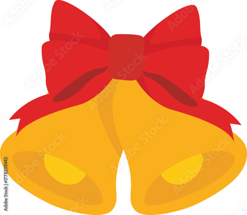 golden Christmas bells tied with a big red ribbon bow, clean flat vector icon, isolated on white. perfect for holiday cards, tags, banners, and festive design sets.