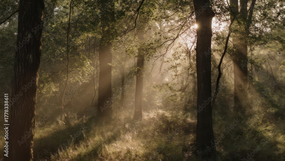 Fototapeta premium Sunlight streams through the forest canopy, creating a magical atmosphere.