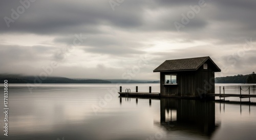 A tranquil boathouse rests on still waters beneath a moody, overcast sky creating a serene