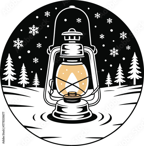Vintage Lantern in Snowy Winter Landscape with Snowflakes