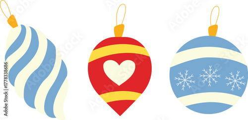 Set of three Christmas ball ornaments with blue swirl teardrop, red heart bauble with yellow stripes, and blue ball with snowflakes, each with hanging loop, clean flat vector on white.