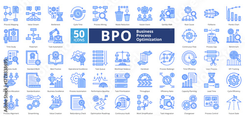 Business Process Optimization blue contains 50 icons including process mapping, value stream, bottleneck, cycle time, process mining, waste reduction, kaizen event, gemba walk, simple vector 
