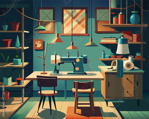 colorful illustration of a Antique Sewing Room with Wooden Furniture Illustration