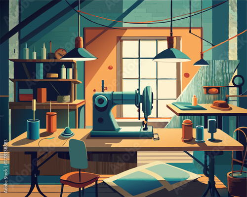 colorful illustration of a Antique Sewing Room with Wooden Furniture Illustration