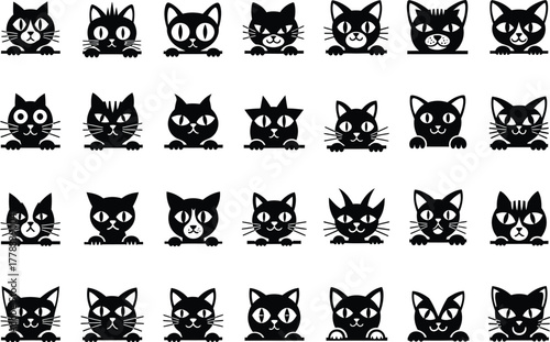 Collection of 28 unique black and white cartoon cat faces with different expressions and styles
