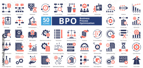 Business Process Optimization mixed duotone contains 50 icons including root cause, fishbone, pareto chart, flowchart, task automation, continuous flow, process gap, benchmark, simple vector 