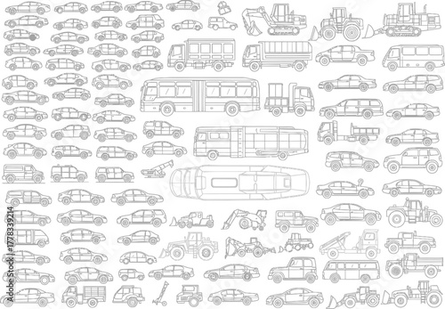 Collection of hand drawn vehicle sketches featuring cars buses trucks and other transportation modes