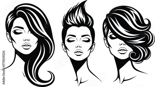 Three diverse women s hairstyles and portraits in a striking black and white ink sketch style