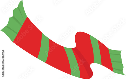 Red and green striped winter scarf fluttering, soft knit look with ribbed ends, cheerful holiday accessory in flat vector style, isolated on white. perfect fot christmas element