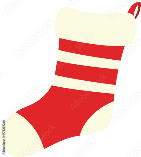 Red striped Christmas stocking with creamy cuff and heel, hanging loop detail, cozy festive sock in minimal flat style, isolated on white for seasonal cards and decor.