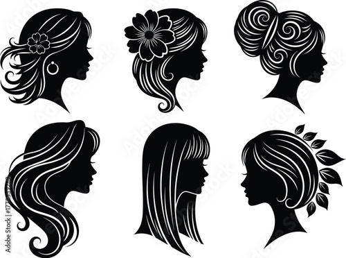 Collection of six elegant black silhouette profile portraits of women with elaborate hairstyles and decorative hair accessories