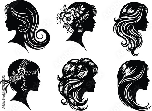 Elegant black silhouette profiles of women s hairstyles and floral embellishments on white background