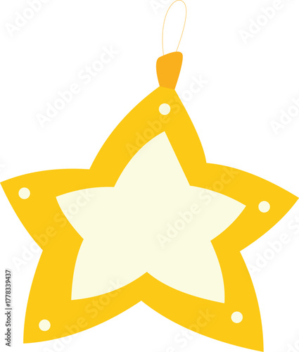 Yellow star Christmas ornament with inner pale star, hanging loop and small rivet details, flat vector style, isolated on white for holiday tags, cards, and decorations.