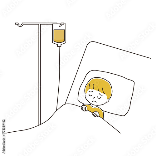 辛そうにベッドで点滴を受ける男の子のイラスト