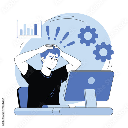 Frustrated developer in front of computer with graph and gears