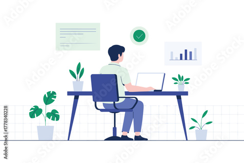 Man working on laptop at desk in home office vector illustration