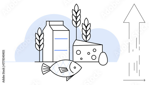 Milk carton, cheese, fish, eggs, and wheat with an upward arrow symbolizing progress. Ideal for sustainability, nutrition, farming, growth health industry economic development simple flat metaphor